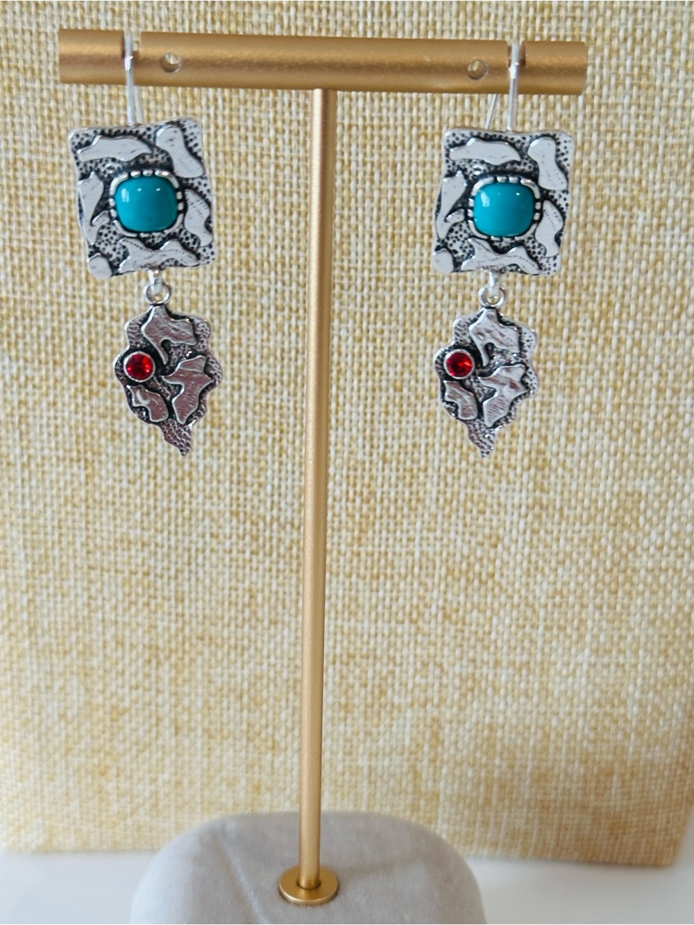 Fashion Jewelry Turquoise & Red Silver-Tone Dangle Earrings